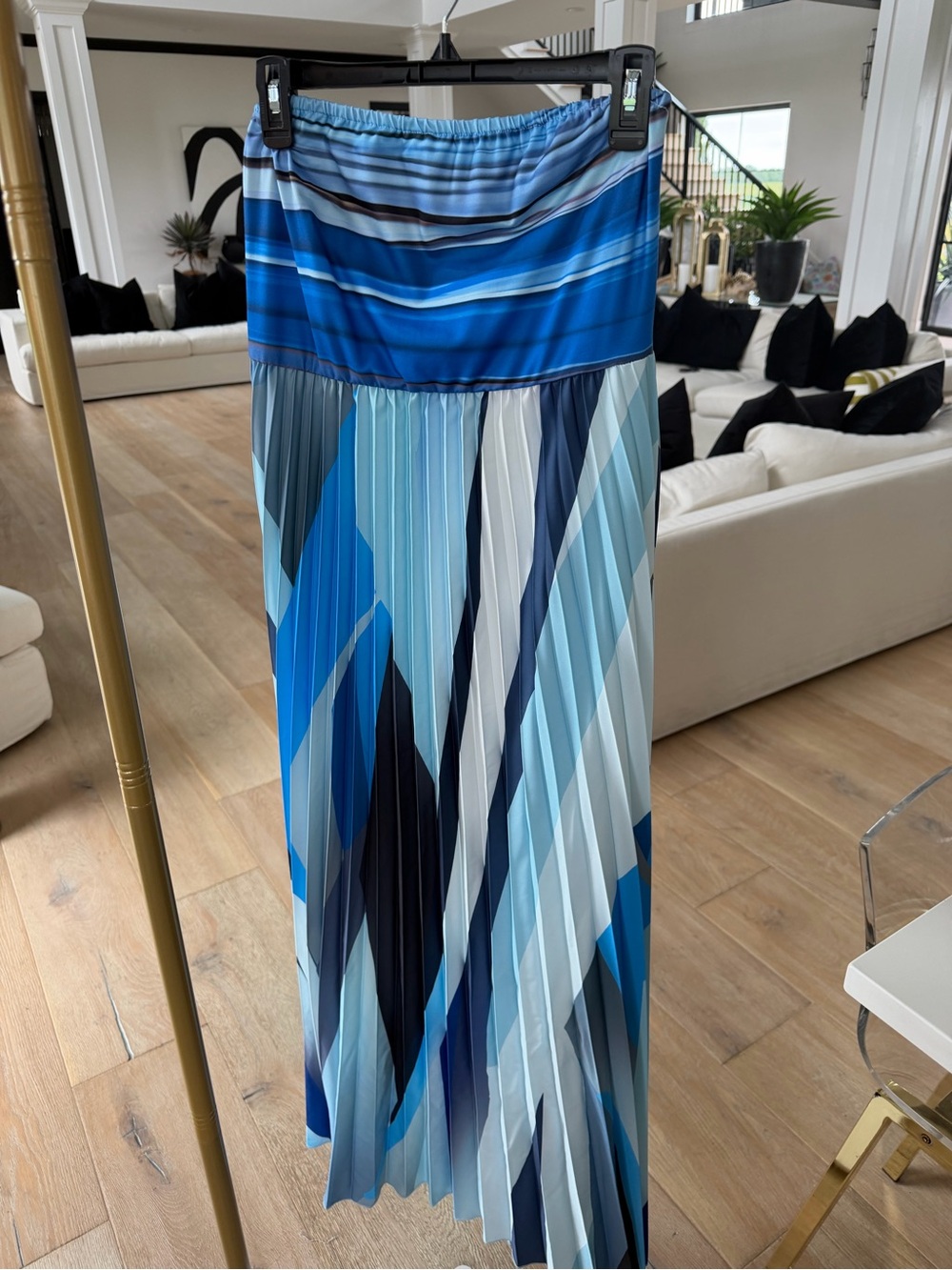 Pleated Blue Geometric Maxi Skirt